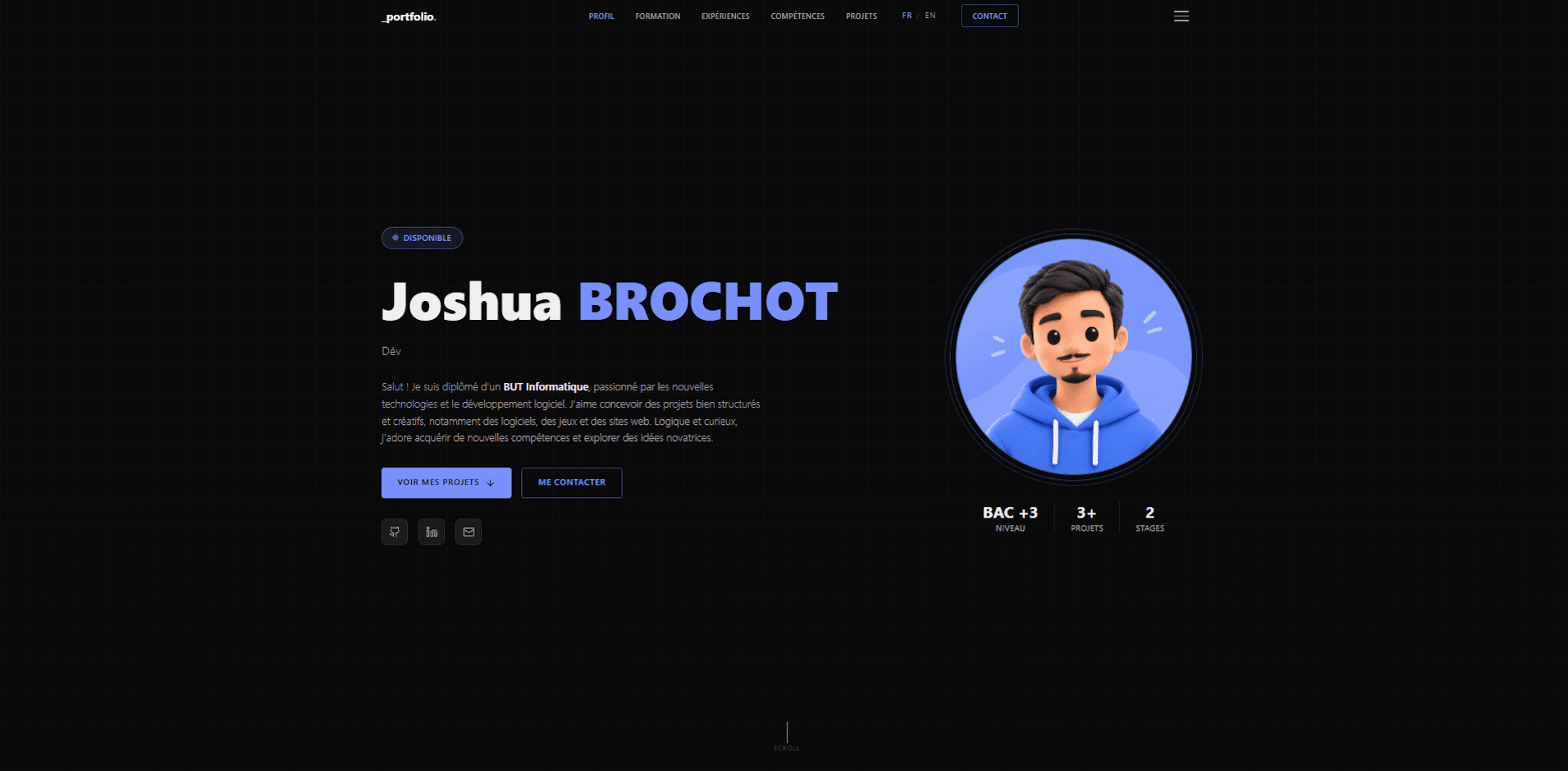 Portfolio — Hero section avec illustration et accroche.